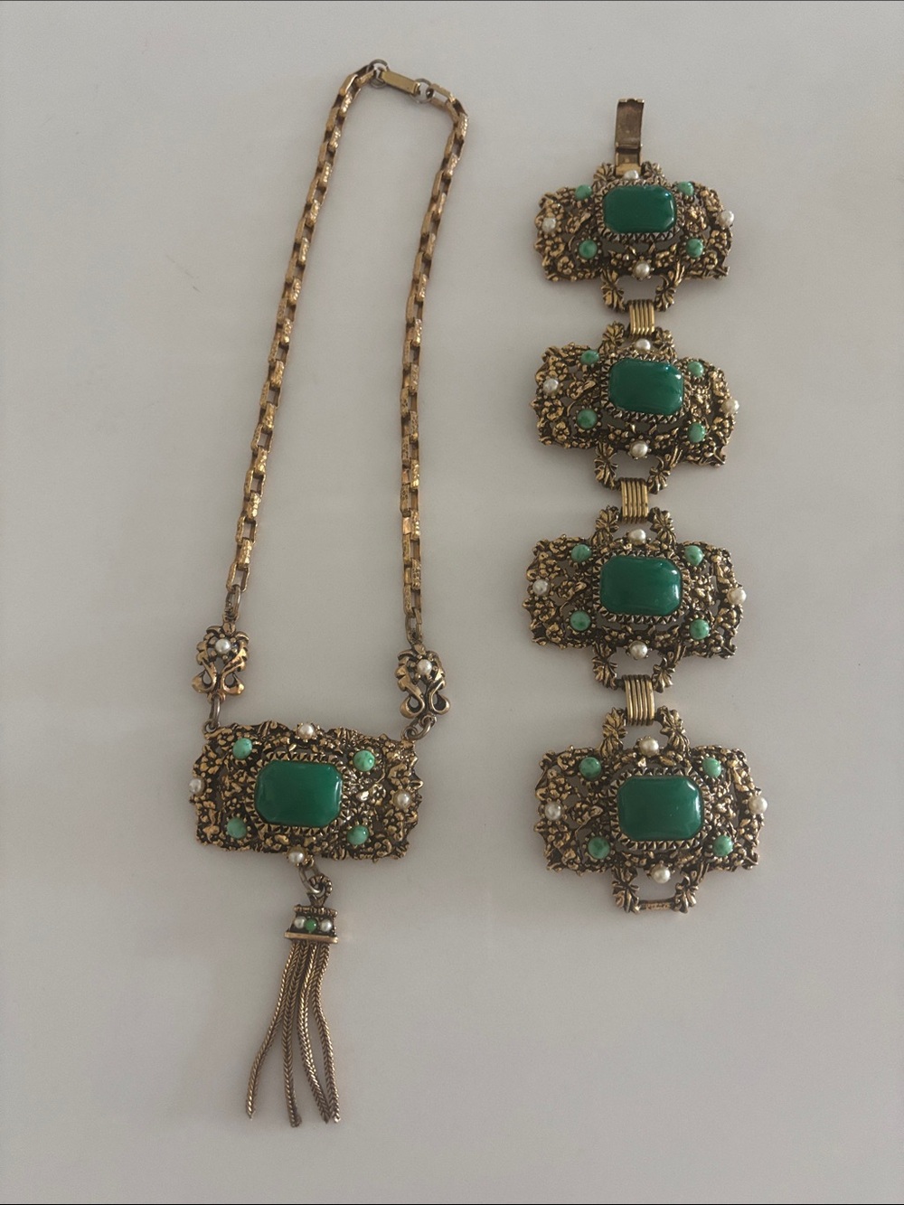 Vintage Selro Style Green Cabochon &pearl Necklace& Bracelet set/2